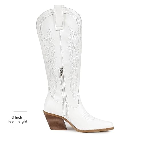 IDIFU IN3 Cowboy Boots for Women Cowgirl Knee High Western Embroidered Booties Side Zipper Low Block Chunky Heel Pull on Pointed Toe Tall Booties Comfy Dress Long Boots thumbnail 4