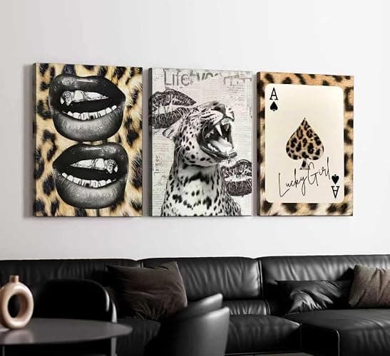 3Pcs Trendy Cheetah Roaring Canvas Wall Art Leopard Lucky Girl Poker Lips Painting Picture Wall Decor Funky Preppy Poster Print Artwork for Bedroom Girly Room Living Room Apartment Home Decoration thumbnail 5