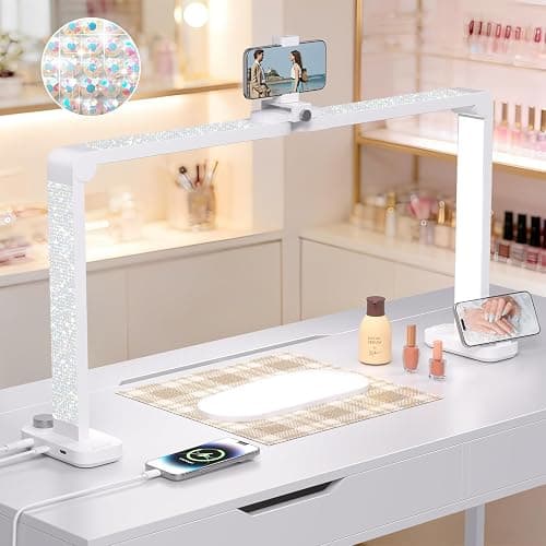 Haosegd Half Moon Light for Nail Desk, 34“ Large Square Nail Lamp for Desk with Phone Holder, Professional Manicurist Desktop Lamp, LED Light Suitable for Manicures, Tattoos, White with Rhinestones - Image 1