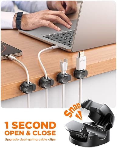 8Pack Cord Organizer [Dual Spring & Clasp, Max Secure] Cable Clips - Chfeila Cable Management, Adhesive Phone Charging Wire Holder for Nightstand/Wall, Home Office Desk Accessories Decor Essentials thumbnail 2