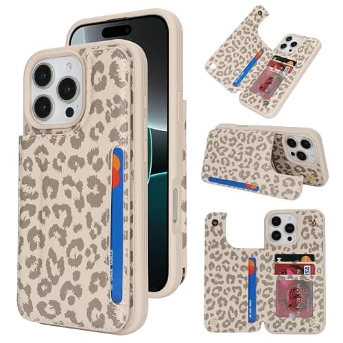iCoverCase Compatible with iPhone 16 Pro Wallet Phone Case with Card Holder for Women Men, [RFID Blocking] Card Slots PU Leather Protective Wallet Case 6.3 Inch (Beige Leopard) - Image 1