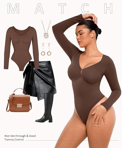 FeelinGirl Women's Long Sleeve Shapewear Bodysuit for Tummy Control Seamless Body Suits Thong V Neck Going Out Tops thumbnail 6