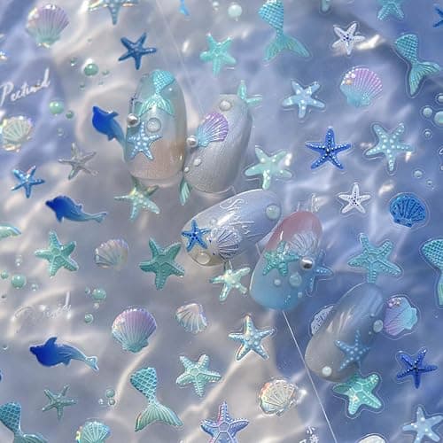 Beach Nail Stickers Seashell Starfish Mermaid Dolphin Nail Decals with Shell Light Design - Blue Summer Stickers for Nails Self Adhesive Nail Art Supplies & Decorations for Women Girls 1 Sheet thumbnail 2