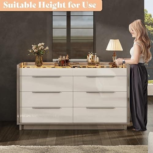 AMERLIFE 47.2" W 8-Drawer Dresser with Glass Top, High Gloss, Cream & Grey | Wide Dresser, 2 Jewelry Drawers, LED Lighting, Spacious Storage Chest, Bedroom Organizer thumbnail 6