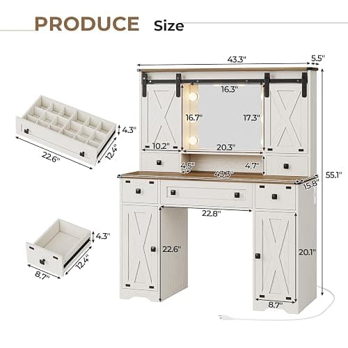 Hasuit Farmhouse Vanity Desk with Mirror and Lights, White Makeup Dressing Table with Charging Station, Rustic Vanity Mirror with Sliding Barn Door, Vanity Table with 3 Lighting Modes Adjustable thumbnail 2