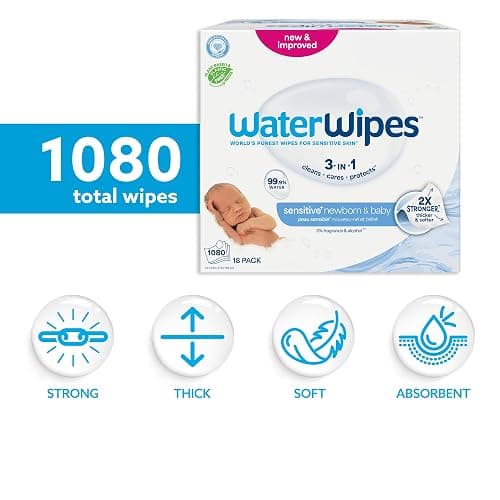 WaterWipes Sensitive+ Newborn & Baby Wipes, 1080 Count (18 Packs), 3-In-1 Cleans, Cares, Protects, 99.9% Water, Unscented thumbnail 2