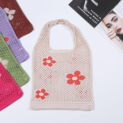 Ovida Crochet Tote Bag Mesh Beach Bag Fairycore Hobo Fairy Grunge Aesthetic Shoulder Bag Y2k Purse for Women Girls | Beach Bag thumbnail 2