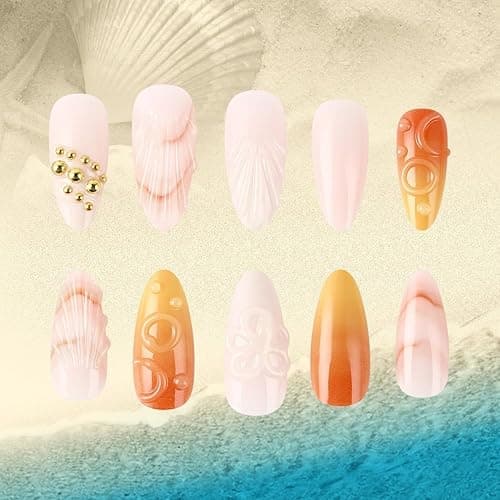 Flower Press on Nails Medium Almond SWEKKE Handmade Fake Nails 3D Orange False Nails with Floral Shell Designs Glossy Glue on Nails Summer Acrylic Nails for Women Girls 24 Pcs thumbnail 5