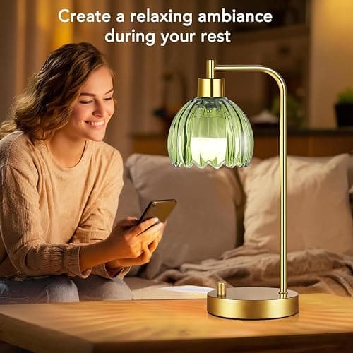 ILLMTW Green Table Lamp Set of 2,Small Glass Bedside Lamps Dimmable Boho Bedroom Lamp with Tulip Flower Lamp Shade,Gold Vintage Mid Century Modern Mini Nightstand Lamp for Bedroom Living Room thumbnail 5
