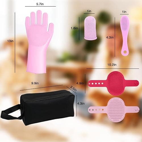 MIYIJHY 7-Piece Pet Grooming Kit with Storage Bag | Portable Bathing Set for Dogs & Cats | Includes Silicone Gloves, Deshedding Brushes & Finger Toothbrushes | All-in-One Pet Care (Pink) thumbnail 8