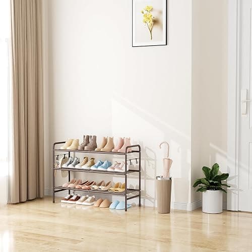 VILICK 3 Tier Shoe Rack 33" Wide Metal Shoe Organizer Long Shoe Storage with 4 Side Hooks Sturdy Shoes Shelf for Front Door Entrance, Closet, Garage, Dorm, Brown thumbnail 7