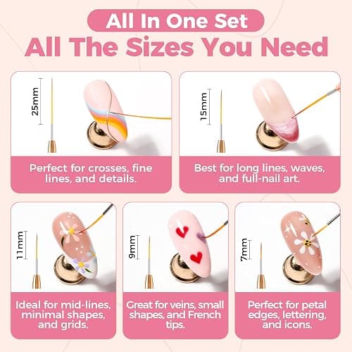 UNA GELLA Nail Art Brushes Metallic, 5 Count Liner Pens Set For Nail Art Gel Polish, Detail Nail Art Design Painting Brush Set For Nails Gel Fine Drawing Nail Tools, Sizes 7/9/11/15/25mm thumbnail 3