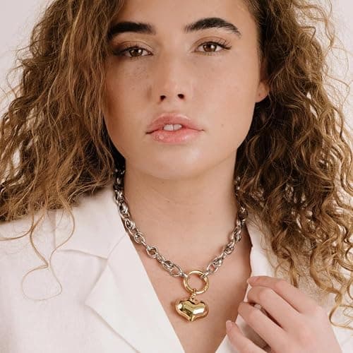 Ettika Locked in Mixed Metal Heart Necklace. Heart Necklace, Gold Necklaces For Women. 18K Gold Plated Chain. Gifts For Women, Gold/Silver thumbnail 3