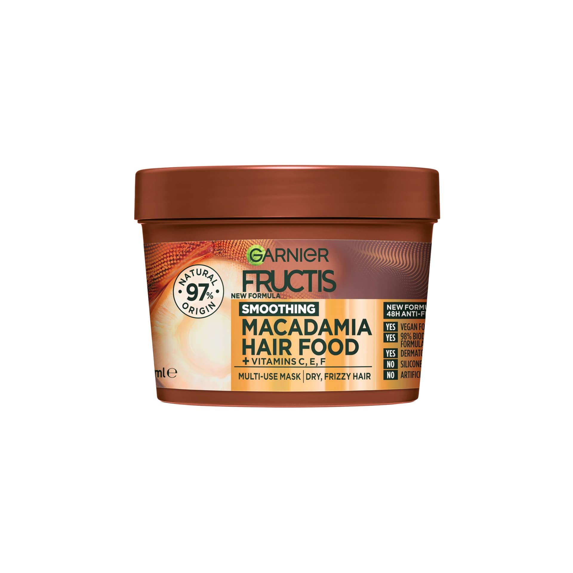 Garnier Fructis Hair Food Smoothing Macadamia 3-in-1 Hair Mask Treatment, Frizz Control for Dry Hair - Vegan, 98% Natural Origin, Silicone-Free, Tames and Softens Hair for a Smooth Finish, 390ml - Image 1