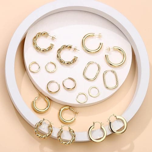 Yesteel 9 Pairs Gold Hoop Earrings for Women, 925 Sterling Silver Post 14K Real Gold Plated Chunky Hoop Earrings Set for Women Hypoallergenic Thick Lightweight Earring for Womens Jewelry Gifts thumbnail 7