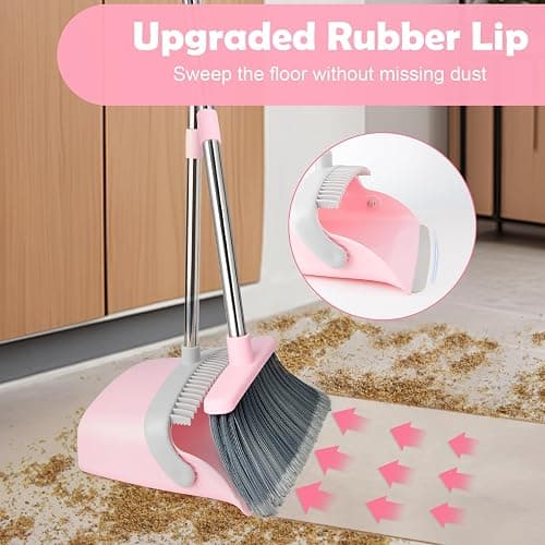 XXFLOWER Long Handle Dustpan and Brush Sets, Broom and Dustpan Set with Comb Teeth, Sweeping Brush Set for Indoor Kitchen Lobby Office Sweeping Pet Dog Hair, Household Cleaning Supplies(Gray Pink) thumbnail 5