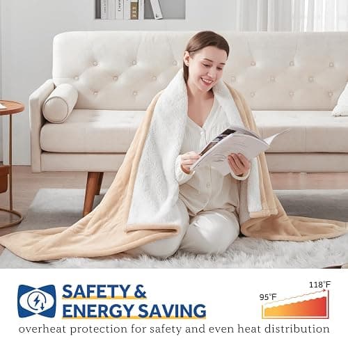 SEALY Heated Blanket Electric Throw, Flannel & Sherpa Heating Throw with 6 Heat Settings & 2-10 Hours Auto Shut Off, Fast Heating & ETL Certification, 50x60 Inch, Beige thumbnail 4