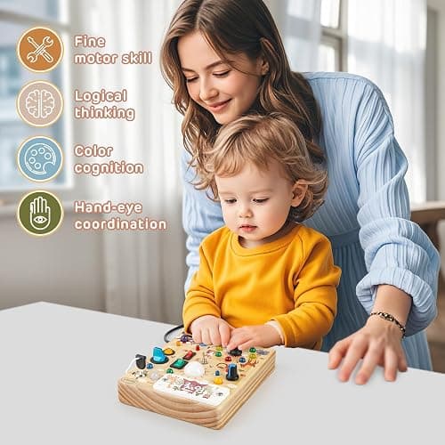 Joyreal Wooden Busy Board with LED Lights, Montessori Sensory Toys for Toddlers, Activity Fidget Board Travel Toys for Fine Motor Skills & Learning, Gifts for 1-3 Year Old Boys & Girls (Forest Theme) thumbnail 6
