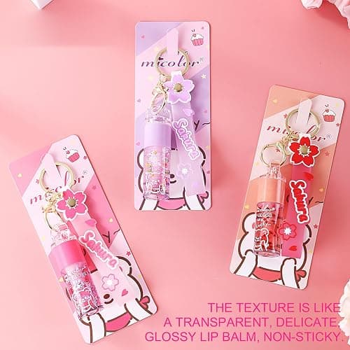 DENESTUP 3 Colors Hydrating Lip Gloss Set, Glossy Shimmer High Shine Glass Finish Lipgloss Natural Moisturizing, Lip Make-Up for Kids and Teens Party Gift Sakura Keychain Design thumbnail 4