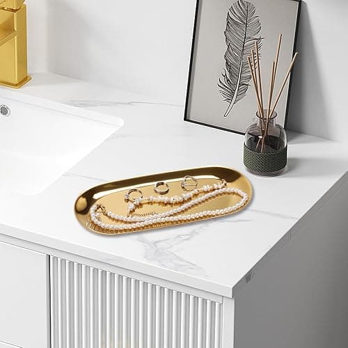 Stainless Steel Towel/ Dish Plate, Tea/ Fruit Storage Trays Cosmetics Jewelry Organizer, Gold, Oval thumbnail 6