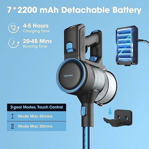 Cordless Vacuum Cleaner, Display Touchscreen, Stick Vacuum Cordless Rechargeable with 2200mAh Detachable Battery, Up to 45 Minutes, Lightweight, and Versatile for Carpet, Hard Floor, Pet Hair, C1 - C1 thumbnail 5