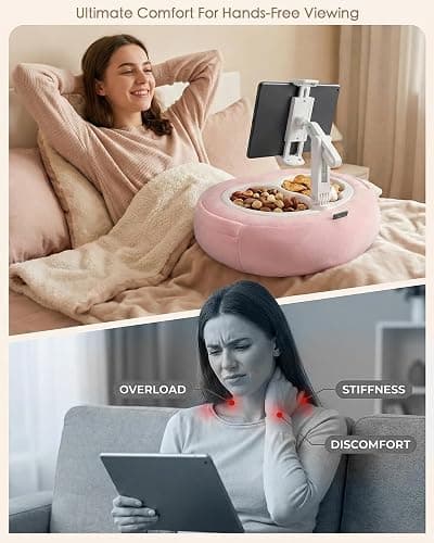 Miledi Tablet Pillow Stand for Bed with 360° Rotating Holder, Pink | Compatible with Kindle, iPad, Phone and Tablet 5" to 12.9", Soft Plush Fabric, with 2 Snack Bowls, for Reading and Relaxing thumbnail 2