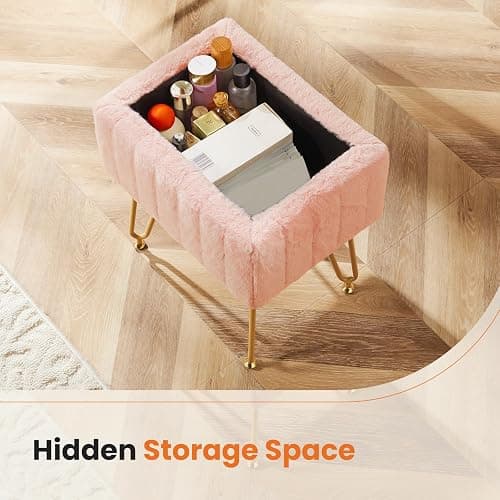Sweetcrispy Vanity Stool Chair with Storage, 18.9”H x 16”L x 12.2”W Ottoman Chair Faux Fur Soft Padded Makeup Footstools Seat with 4 Metal Legs Anti-Slip Adjustable Feet for Make Up, Pink thumbnail 4