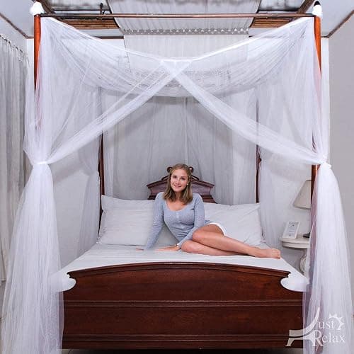 Just Relax Four Corner Post Decorative Elegant Bed Net Canopy Set, White, Full/Queen/King, 86.6x78.7x98.4 Inches thumbnail 2