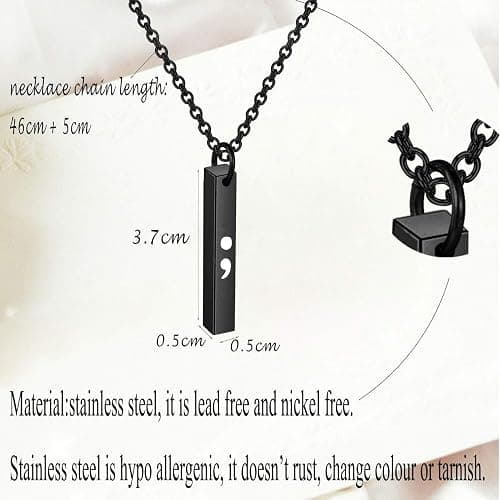 bobauna Semicolon Bar Necklace Mental Health Awareness Jewelry Inspirational Strength Gift For Cancer Survivor thumbnail 2