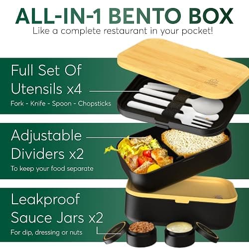 Umami Bento Box Adult All-In-1 w/4 Utensils, 2 Sauce Jars 2 Dividers, Bamboo Lid, 100% Leakproof, Microwave & Dishwasher Safe Stackable Bento Lunch Box Containers for Men/Women, Black Beige, 68 oz thumbnail 3