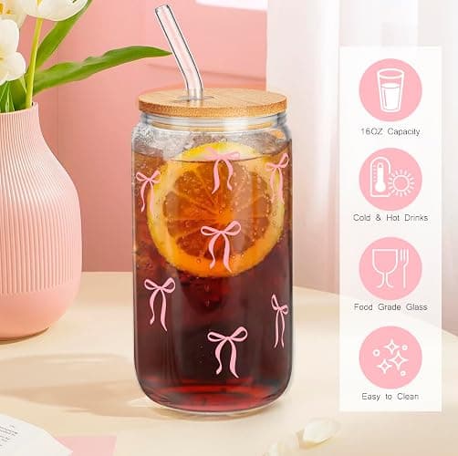Cute Glass Cup with Lids and Straws,Cute Glass Cups Pink Bow Iced Coffee Cup,Drinking Jar Beer Cups,Gifts for Teen Girls Daughter, Sister, Mom, Classmates, Coworkers, Teachers 16 oz thumbnail 5