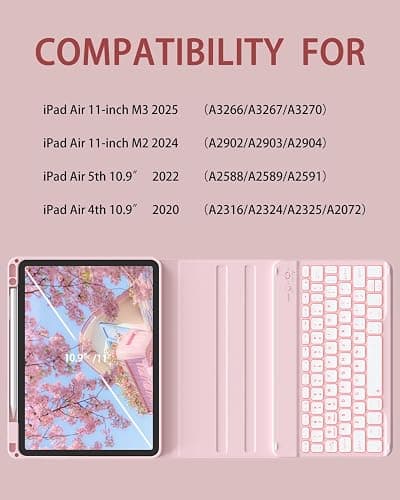 SQBEBS Case with Keyboard for iPad Air 11 inch M3/M2 2025/2024, iPad Air 5th/4th Generation 10.9 inch, 7 Colors Backlit Detachable Bluetooth Keyboard, Stand Folio Cover with Pencil Holder, Light Pink thumbnail 2