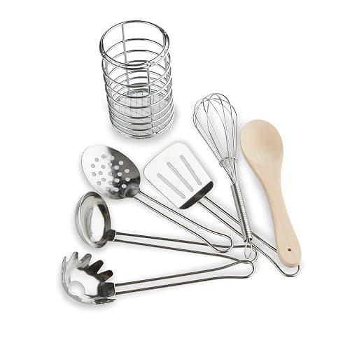 Melissa & Doug Stir & Serve Cooking Utensils (7 pcs) - Stainless Steel & Wooden Play Kitchen Accessories, Preschool Learning Toys for Girls & Boys 3+ thumbnail 9
