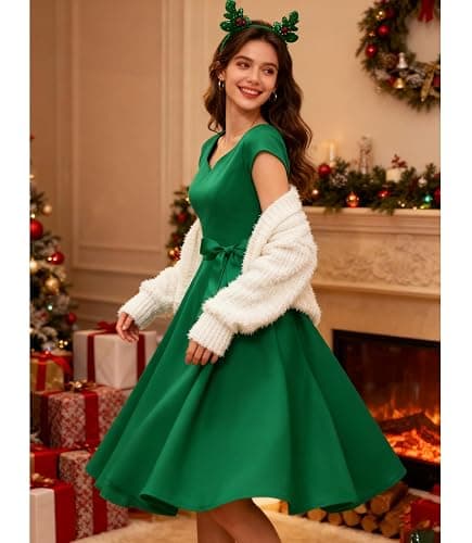 Kingfancy Women Vintage 1950s Dress Retro Cocktail Party Swing Dresses with Cap Sleeves thumbnail 2