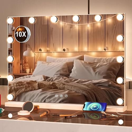 Hollywood Vanity Mirror with Lights,14 Dimmable Bulbs,3 Color Lights,10X Magnification,Makeup Mirror with Lights,Touch Control, Aluminum Metal Frame 50x42cm(20x16.5in) - Image 1