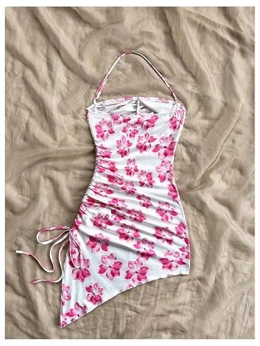 BEAUDRM Girl's Floral Halter Dress Side Drawstring Sleeveless Asymmetrical Fitted Short Dresses thumbnail 3