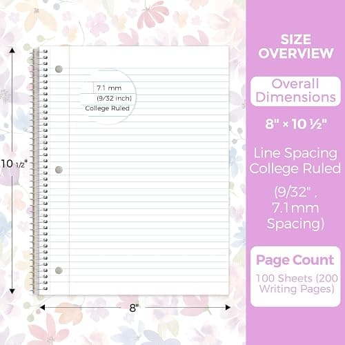SKYDUE 8"x10.5" Spiral Notebook - College Ruled 100 Sheets, 1 Subject Notebook for School & Office, 3-Hole Punched Paper, Floral Design thumbnail 2
