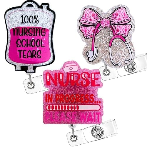3PC Future Student Nurse Badge Reels Bundle Set Nursing School Reel Holder ID Card Name Tag Retractable Clip Pink Girly Nurses in Progress Tears Bow RN CNA MA IPN Medical Assistant Gifts Supplies - Image 1