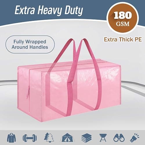 6 Pack Extra Heavy Duty Large Moving Bags with Strong Zipper & Comfortable Handles, Sturdy & Durable Clothes Storage Bags Totes Bins, Packing Moving Boxes for College Supplies, Pink thumbnail 3
