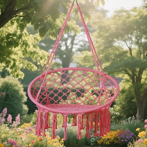 Goutime Hammock Chair, Macrame Hanging Swing Chairs with Hardware Kit,Adult Boho Swings for Outside,Patio,Balcony,Bedroom (Pink (Pillows are not Included)) thumbnail 2