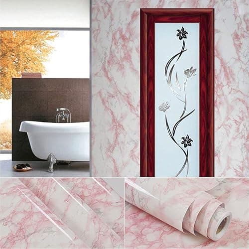 practicalWs 15.7 in × 118 in White Pink Marble Stick Paper Peel and Stick Countertops Self-Adhesive Vinyl Watertight Wallpaper Great As Cabinets Drawer Shelf Wall Crafts Wall Paper Decorations - 15.7" x 118.1" - Pink/White thumbnail 7
