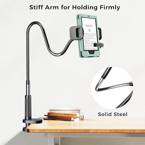 [Case-Friendly] Long Tablet Stand for Kindle with Page Turner Ring Remote, Gooseneck Holder for Reading in Bed with Clicker, eReader Accessories Gift for Readers Compatible with iPad iPhone Fire HD thumbnail 7
