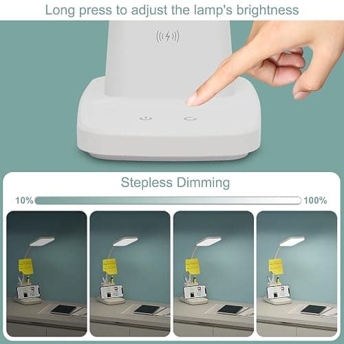 Sailstar Upgraded LED Desk Lamp with Wireless Charger, White Small Desk Light with Pen Holder, 3 Color Modes, CRI 85, 800 Lumen, Study Lamps for College Dorm Room, Home Office, Adapter Included thumbnail 5