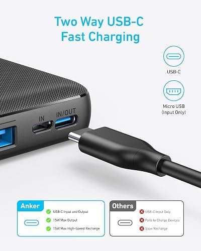 Anker Portable Charger, 325 Power Bank (PowerCore Essential 20K), 20000mAh Battery Pack with 15W Charging, PowerIQ, 2 USB-A, 1 Micro USB, Two-Way USB-C Ports for iPhone Series, AirPods, and More thumbnail 5