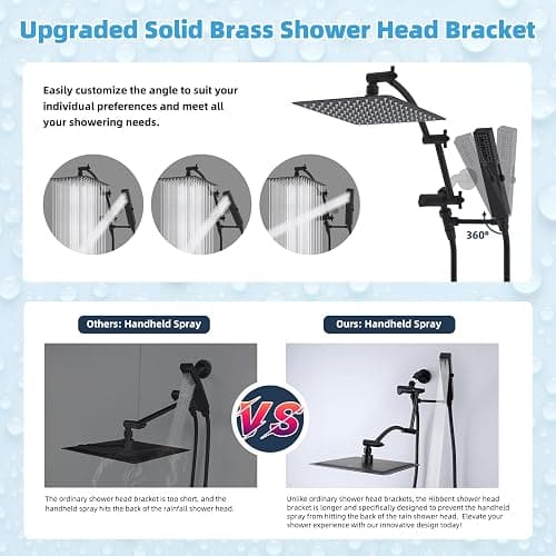 Hibbent All Metal CUPC Certified 10'' Rainfall Shower Head, Dual Shower Head Combo, High Pressure Handheld 4 Sprays Shower Wand, 16'' Adjustable Extension Arm, 71'' Hose, Shower Holder, Matte Black thumbnail 4