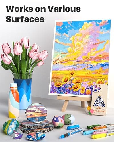 JusArt 48 Colors Acrylic Paint Markers with Canvas Bag, Water-Based No-Bleed Paint Pens with Automatic Ink Control, Waterproof Brush Tip Markers for DIY Art & Crafts -Fabric, Rock, Wood, Glass, Metal thumbnail 8
