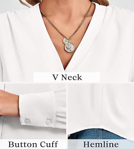 Women's Business Casual Tops Summer Long Sleeve Button Down Shirts V Neck Chiffon Blouses thumbnail 5
