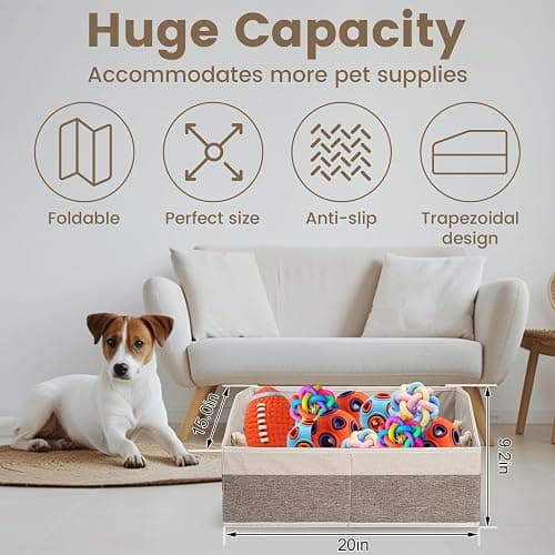 Large Dog Toy Basket With Handle, Foldable Dog Toy Box for Living Room Area, 20" Basket for Dog's Toys, Clothes, Organizers and Storage with Hard Board, Anti-slip for Pet Toys (Brown, Medium) thumbnail 2