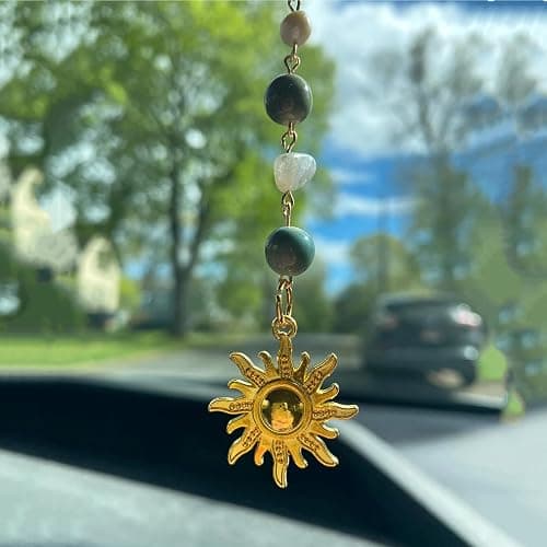 Sun Hanging Car Charm,Green and Gold Rear View Mirror Accessories Cute Boho Dangling Sun Car Decor Handmade Healing Crystals Stones Ornament Gifts for Women Men (Green) thumbnail 4