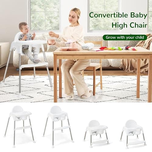 HONEY JOY Baby High Chair, 4 in 1 Convertible Highchair for Babies and Toddlers, Adjustable Legs, Double Removable Tray & Footrest, 3-Point Safety Harness for Infants Boys Girls (White) thumbnail 3